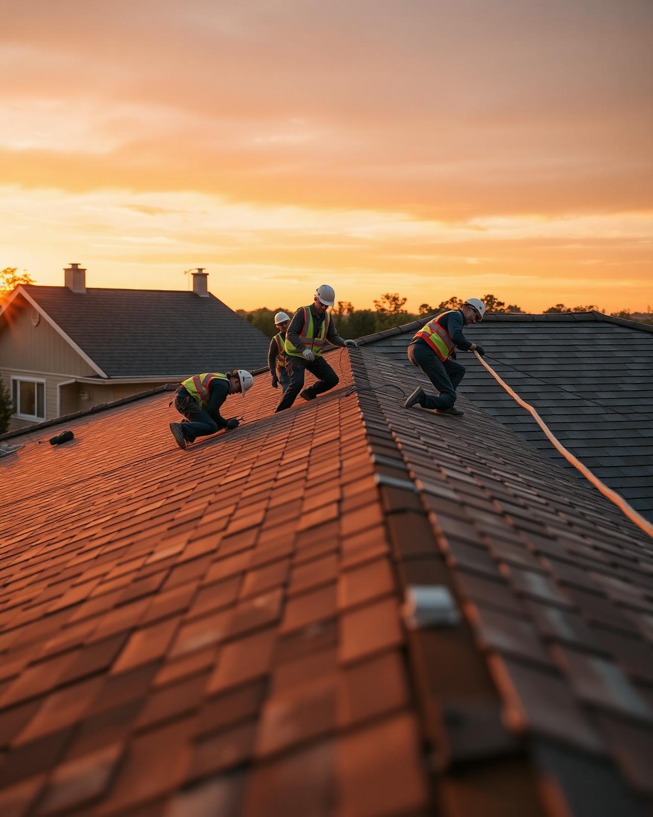 Roofing crew on an active job site at golden hour