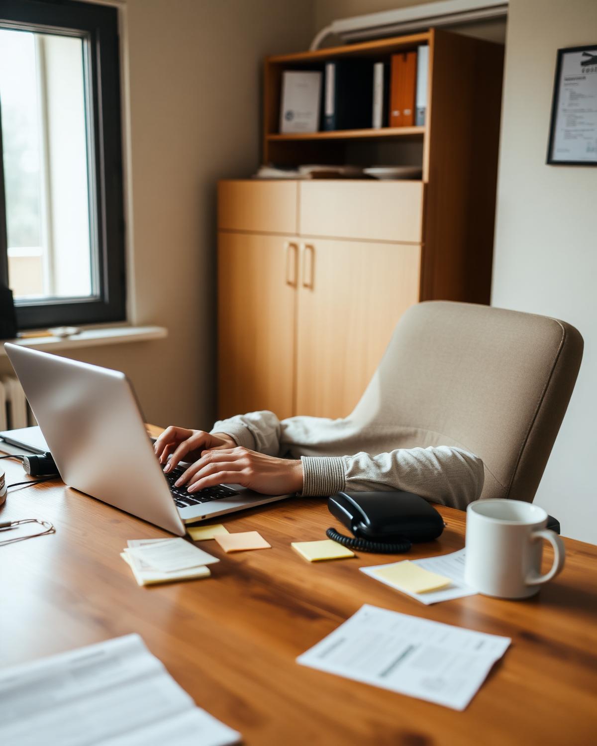Contractor owner working at a desk with laptop, sticky notes, and a phone