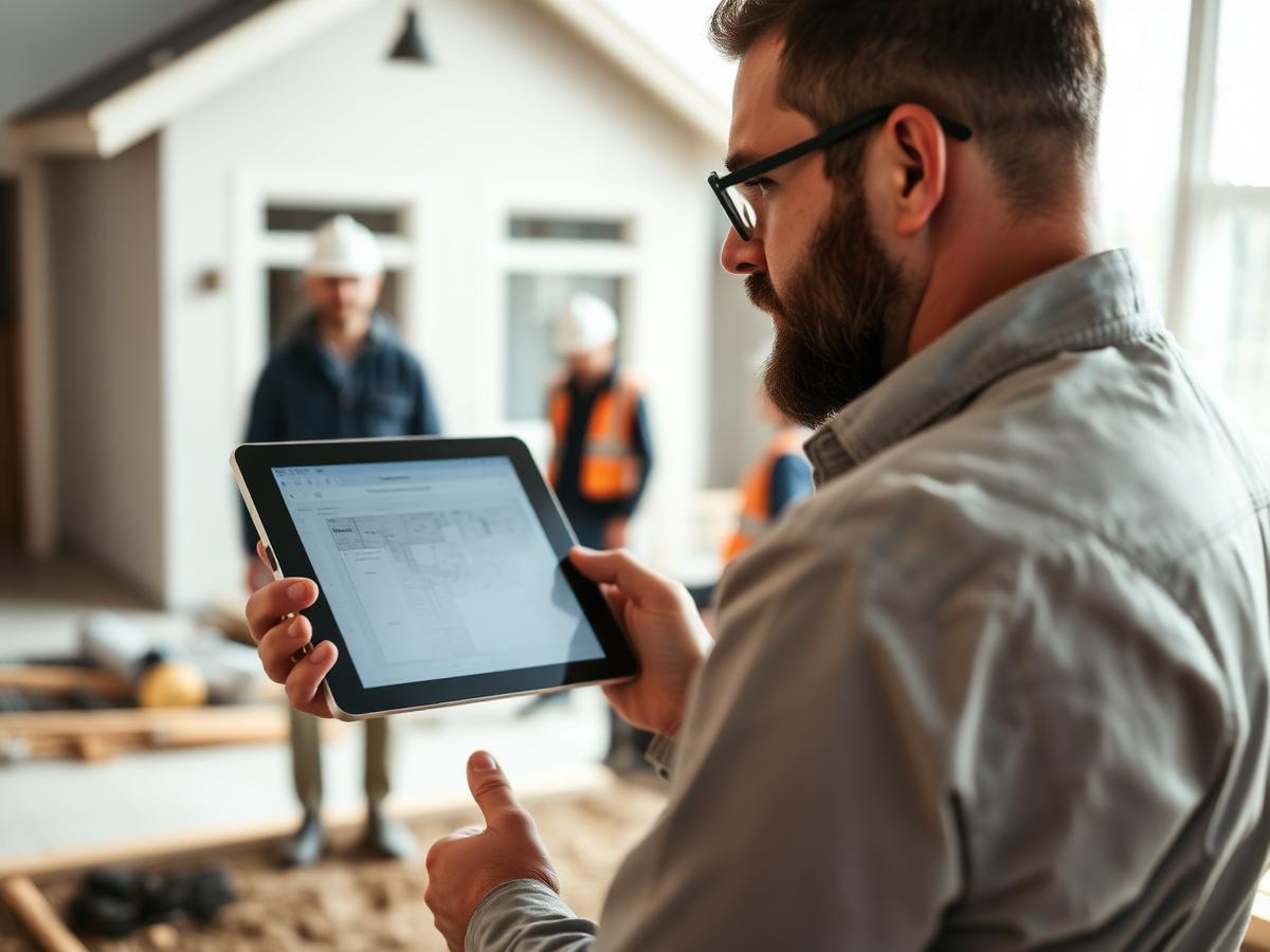Project manager reviewing plans on a tablet at a job site