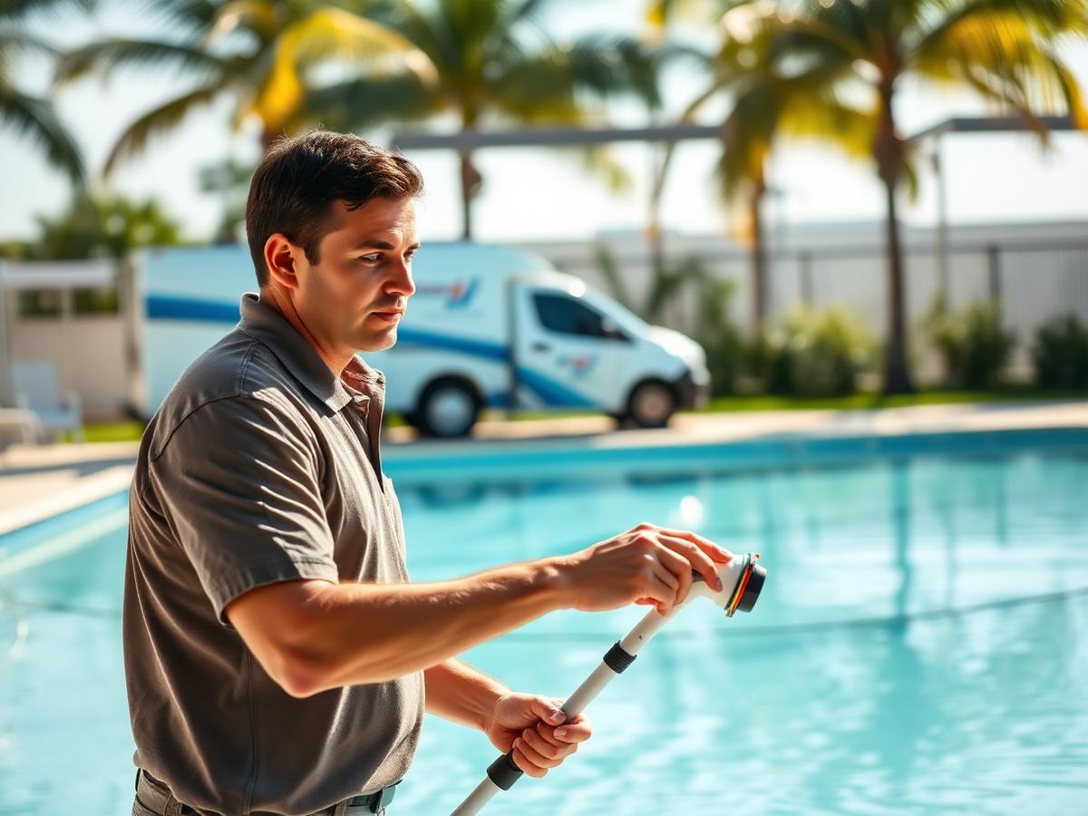 Pool service technician at a residential job site in Florida