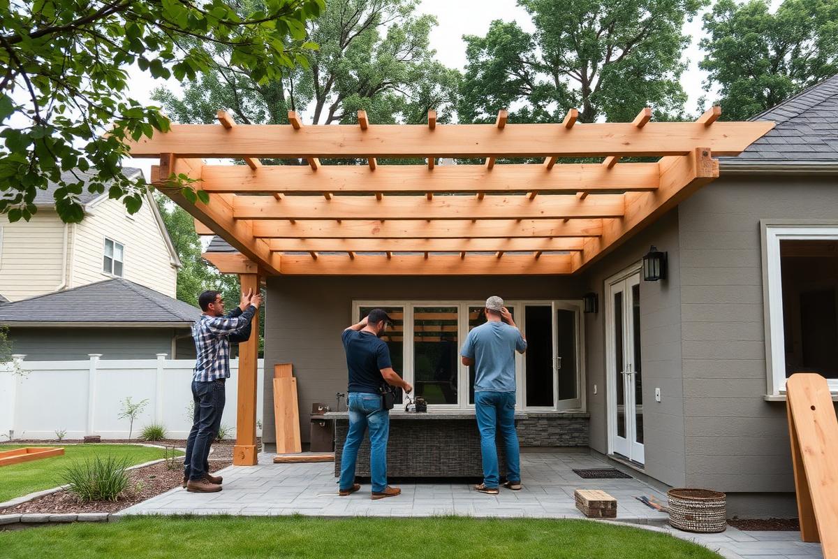 Outdoor living crew installing a pergola over a paver patio