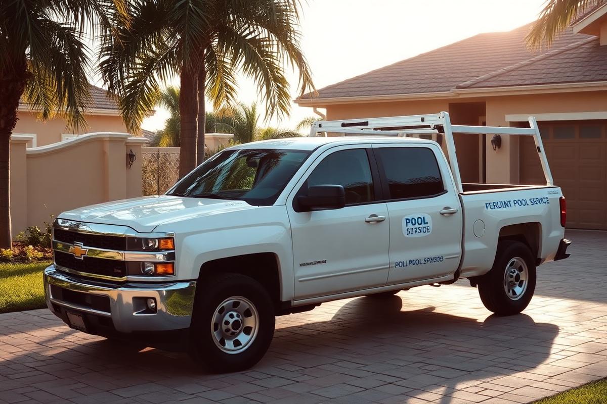 Pool service truck parked at a residential job site in Florida