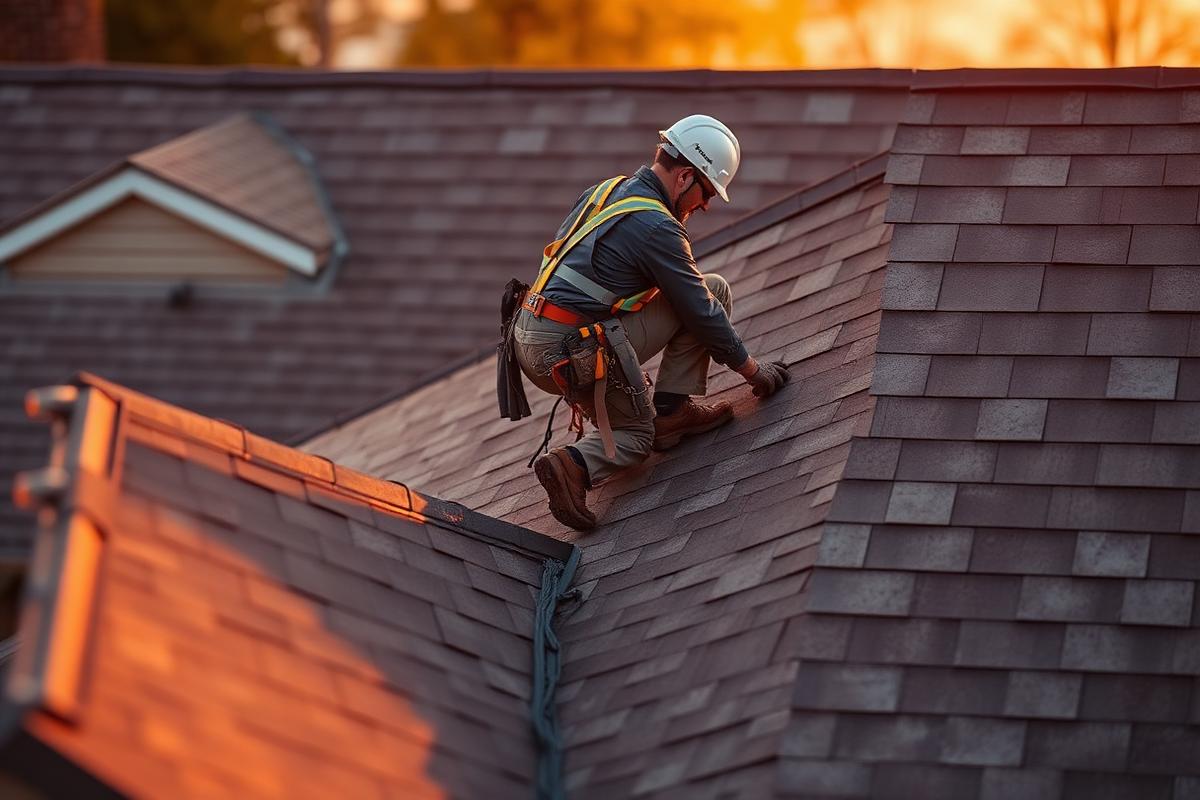 Roofer working on a steep roof pitch at golden hour